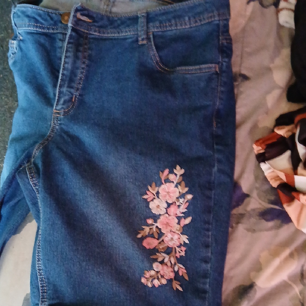 Woman Within Blue Jean Shorts with Pink Floral Embroidery